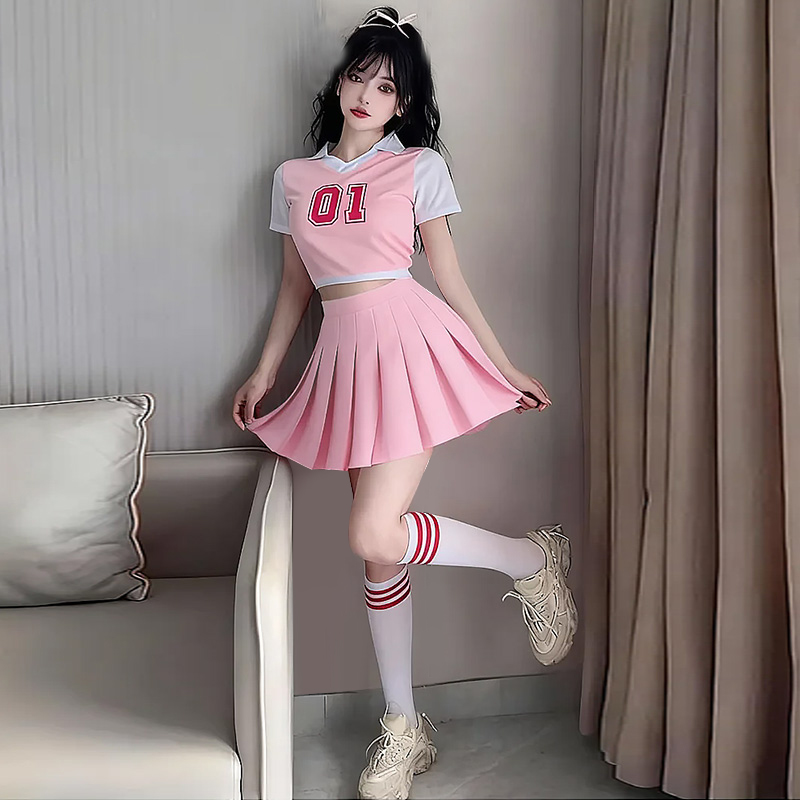 新款韩版女团风拉拉队演出服粉色短袖上衣百褶裙啦啦操舞蹈表演装