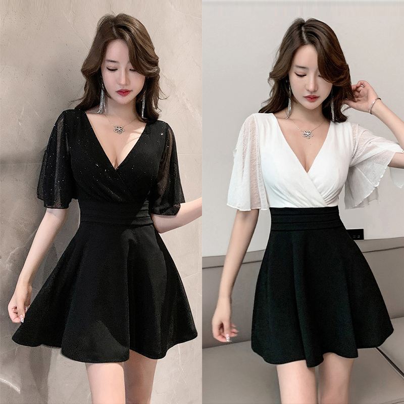 夜场性感连衣裙气质低胸深V领桑拿足疗足浴技师工作服夜总店女装