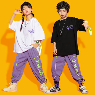 嘻哈女童爵士舞演出服装 短袖 街舞儿童潮服宽松练功服男童长裤 夏季