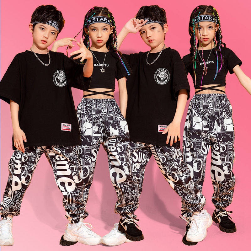 夏季潮款儿童嘻哈爵士长裤街舞演出服架子鼓帅气表演服舞蹈套装酷