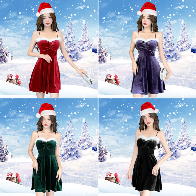 新款性感圣诞新年吊带金丝绒连衣裙女收腰A字大摆裙名媛气质短裙