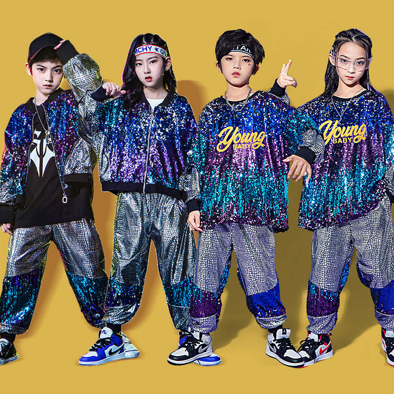 儿童hiphop街舞服装爵士舞套装男孩鬼步舞架子鼓表演走秀女童亮片_虎窝淘