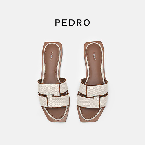 PEDRO拼色编织平底拖鞋女波嬉系列方头凉拖PW1-66380035-2