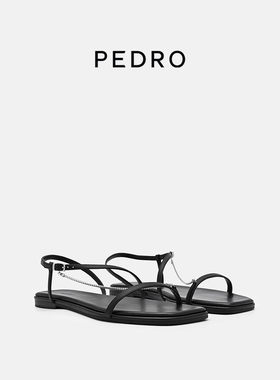 PEDRO羊皮方头凉鞋26夏季女鞋金属链条一字带凉鞋PW1-65490211