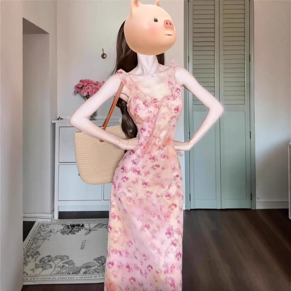 法式粉色碎花吊带连衣裙子女2025