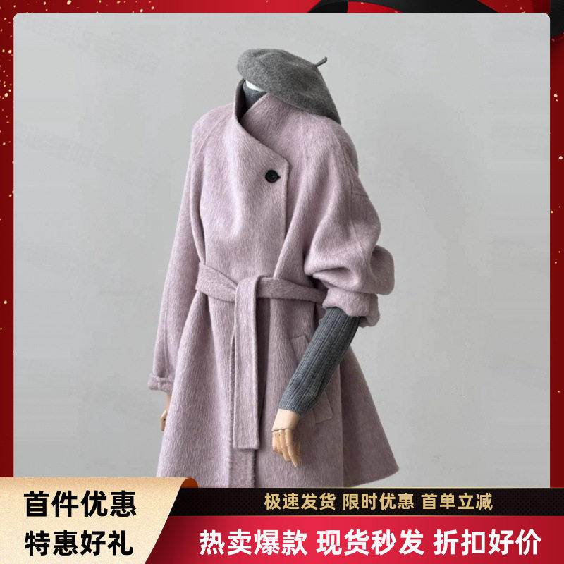 粉内胆紫色中长款毛呢外套女冬季大码胖mm韩系感时髦减龄赫本大衣