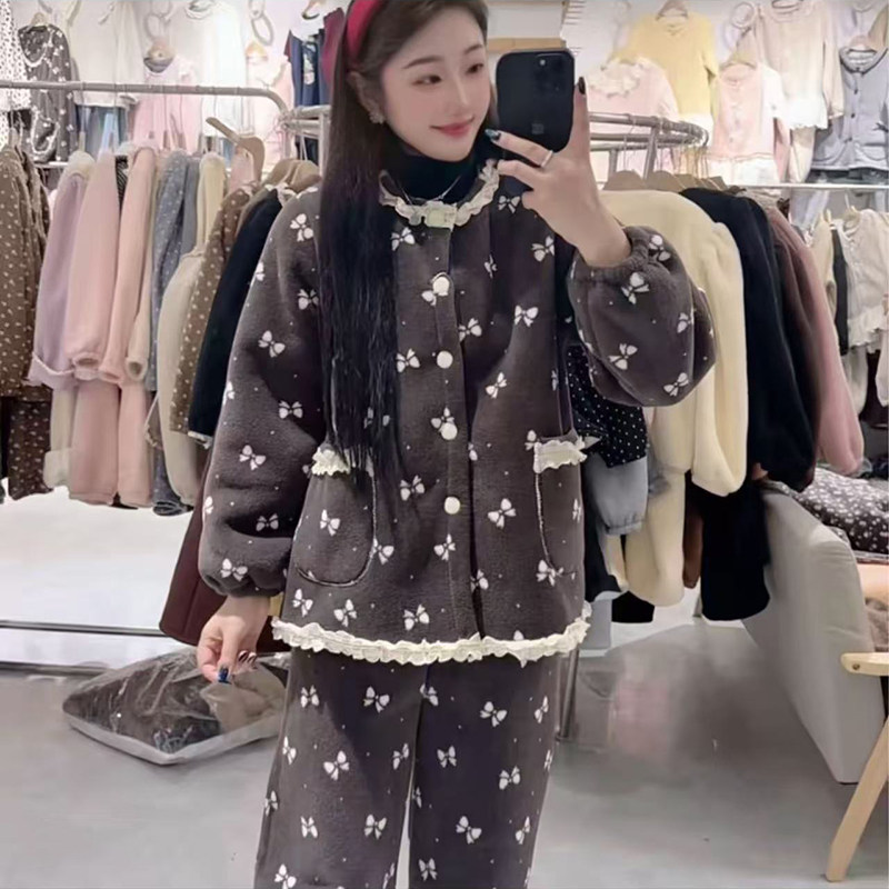 睡衣女秋冬季复合绒加绒加厚套装