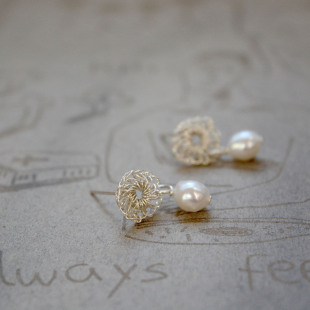 花丝镂空足银耳针纯手工999耳钉简约百搭通勤纯银珍珠耳饰防过敏