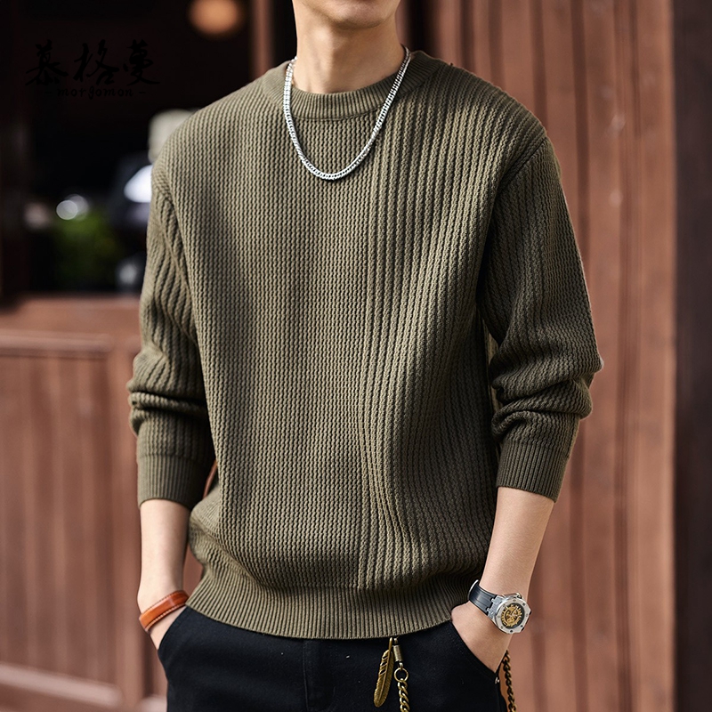 轻奢风扭花拼接圆领毛衣男秋冬季