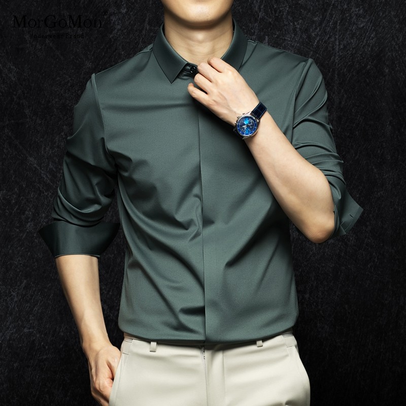 长袖衬衫男新款免烫抗皱衬衣男修身立领男士商务休闲翻领寸衣男