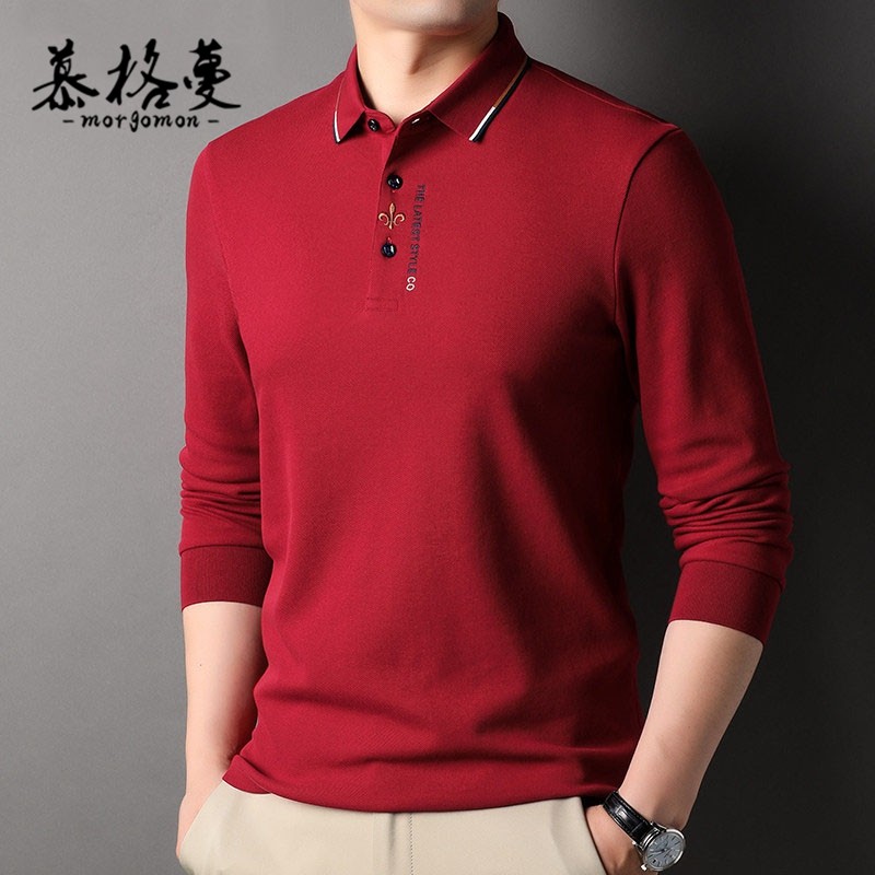 本命年大红色长袖T恤男新款春秋绣标潮休闲体恤打底上衣Polo衫男