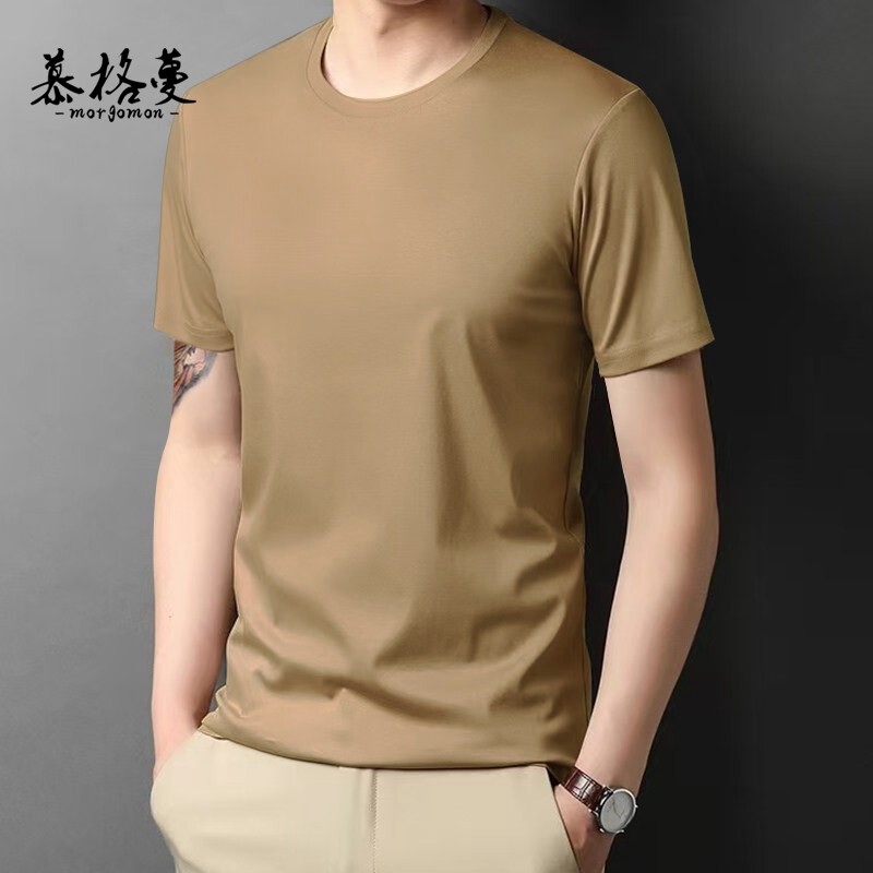 卡其色凉感液氨棉t恤男士冰丝短袖修身百搭休闲纯色半袖打底上衣