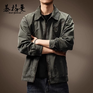 夹克男春秋季新款高级感美式猎装宽松潮牌复古翻领水洗休闲外套男