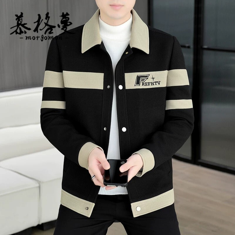 男士拼接撞色短款翻领夹克外套