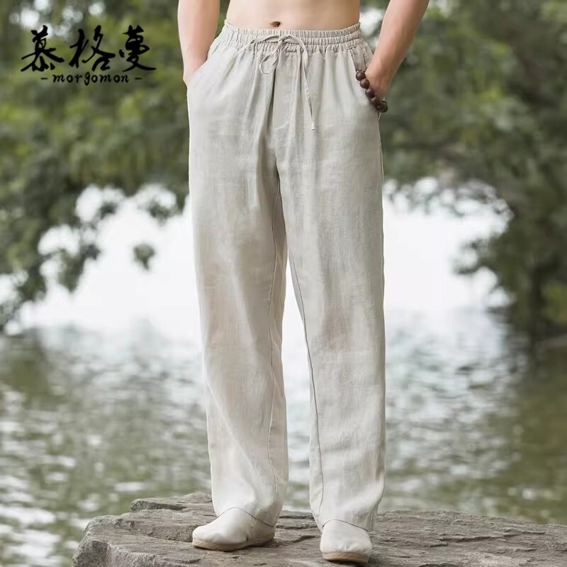 纯亚麻男唐装系绳薄款透气休闲裤