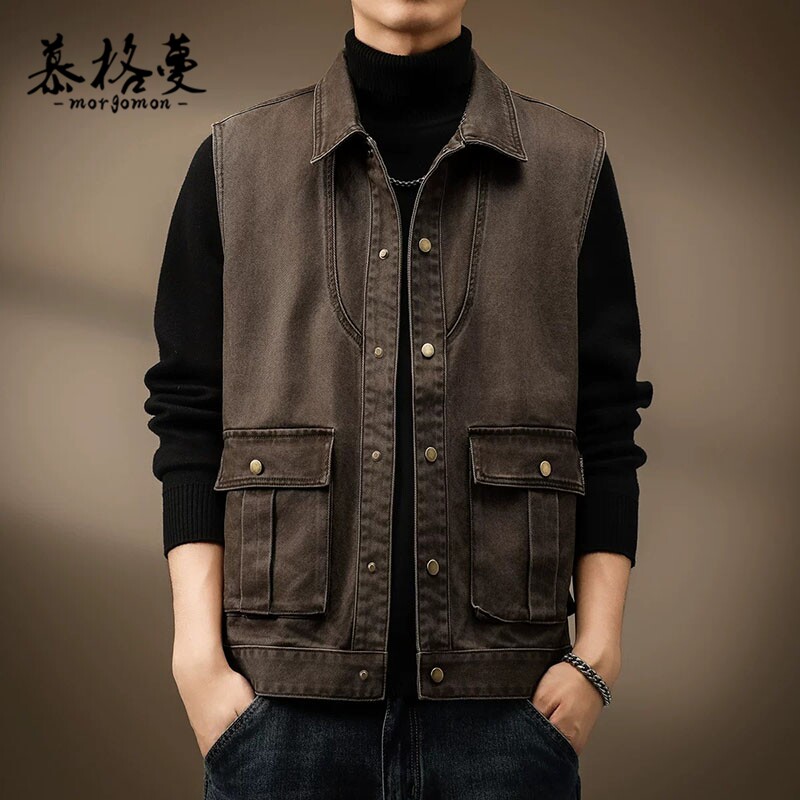 美式复古工装钓鱼翻领马甲男