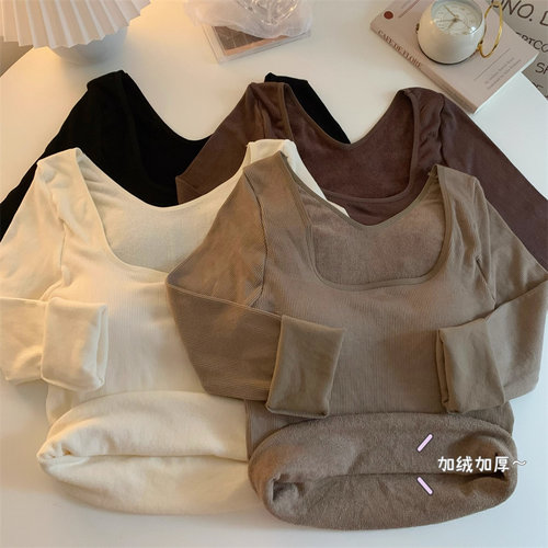 带胸垫加绒加厚长袖T恤