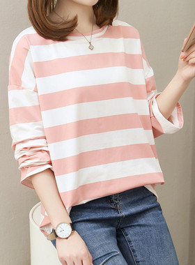 2023秋季新款女装潮mschf上衣韩版条纹网红大t恤女长袖宽松中长款