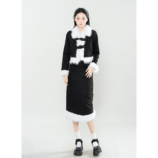 “雪域公主”韩系小香风设计感千金风毛领黑色外套半身长裙两件套
