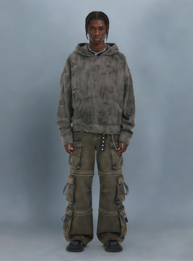 BCFR美式复古扎染破洞连帽卫衣男秋季设计感宽松卫衣男连帽