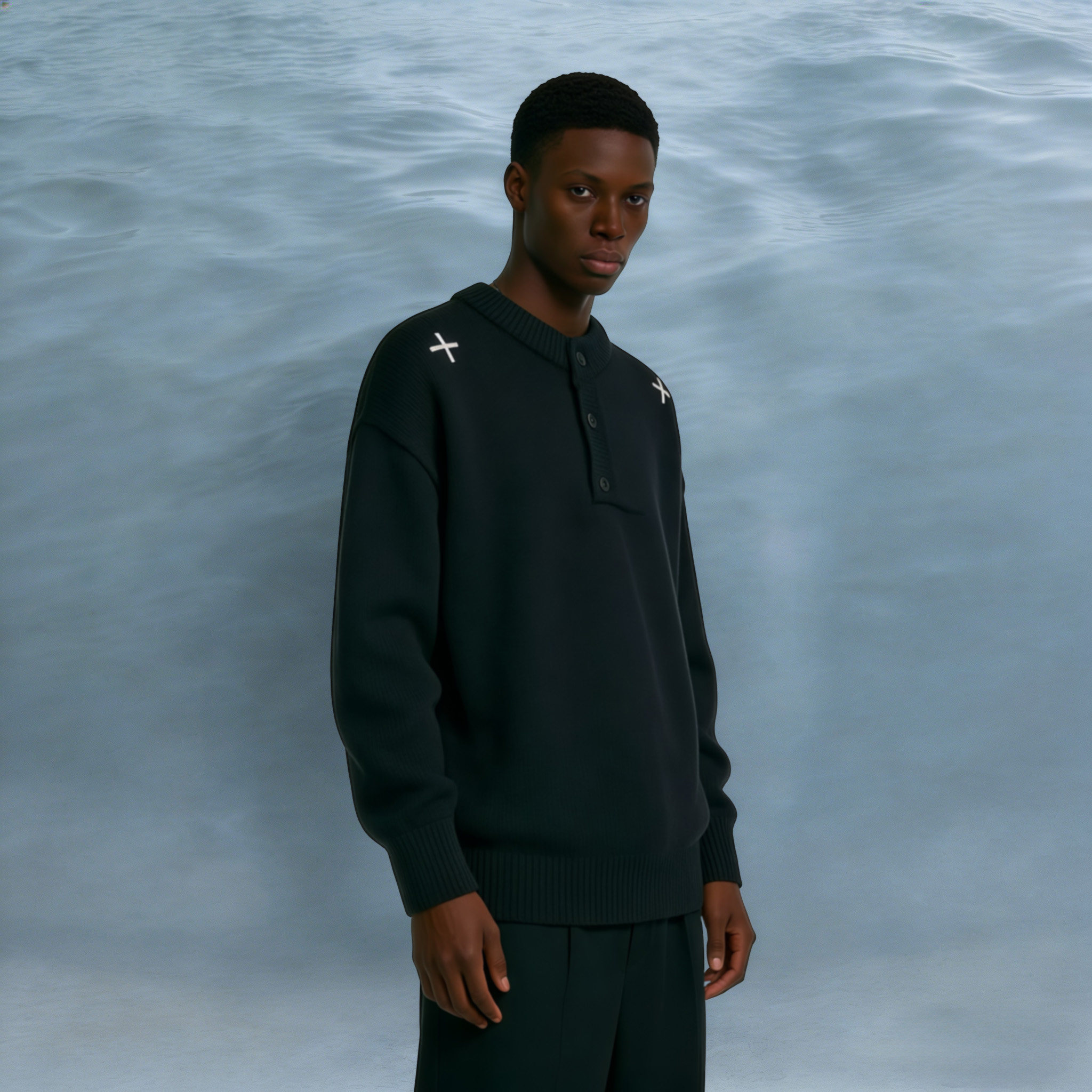 十字架刺绣黑色毛衣男秋冬慵懒风亨利领针织衫少年感痞帅打底上衣