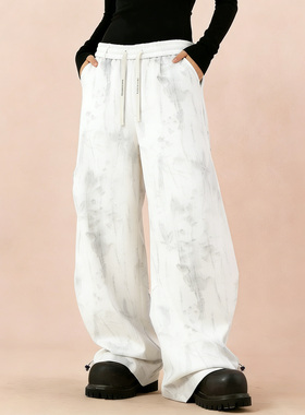 BCFR扎染卫裤男冬季加绒加厚阔腿裤秋冬款垂感宽松直筒休闲裤