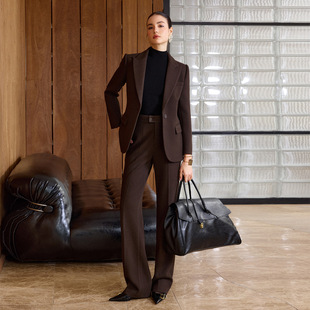 AD棕咖色羊毛呢气质西装套装女加厚高智感毛呢阔腿裤两件套正装冬