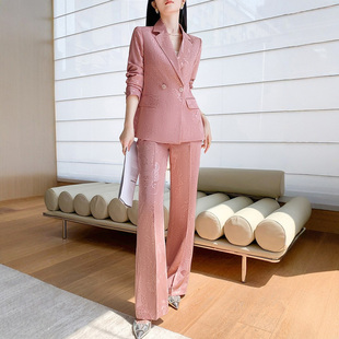 粉色印花高级感小西装套装女职业装正式场合正装气质时尚休闲西服