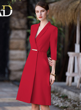 AD红色高端职业西装连衣裙女主持人庆典晚会宴会比赛演讲礼服腰带