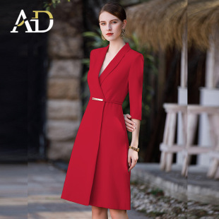 AD红色高端职业西装连衣裙女主持人庆典晚会宴会比赛演讲礼服腰带