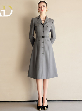 AD灰色轻奢职业连衣裙女时尚小翻领中长款大码长袖主持人礼服工装