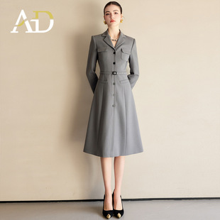 AD灰色轻奢职业连衣裙女时尚小翻领中长款大码长袖主持人礼服工装