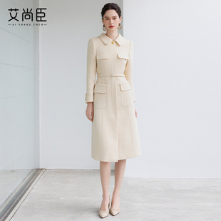 大码小香风千金女早春毛呢大衣浅黄色复古连衣裙高级感中长款正装