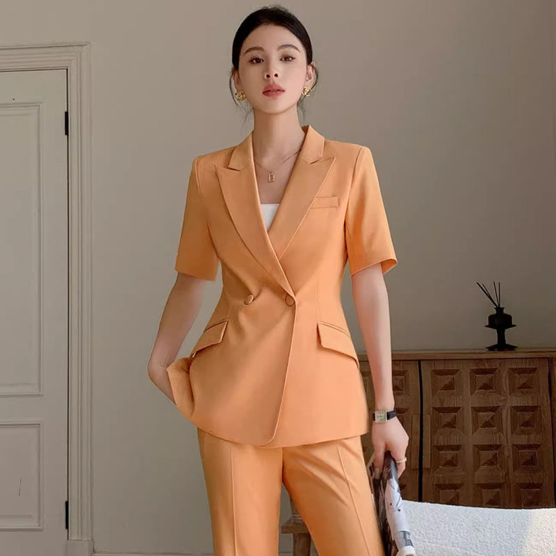 高端桔色主持人西装套装女夏季薄款时尚短袖外套职业阔腿裤工作服,女装/女士精品,职业女裤套装,淘宝优惠券,粉丝福利购,淘宝优惠卷