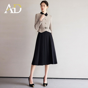 AD秋冬名媛小香风轻奢拼色西装 小翻领伞裙假两件套裙女 连衣裙长袖