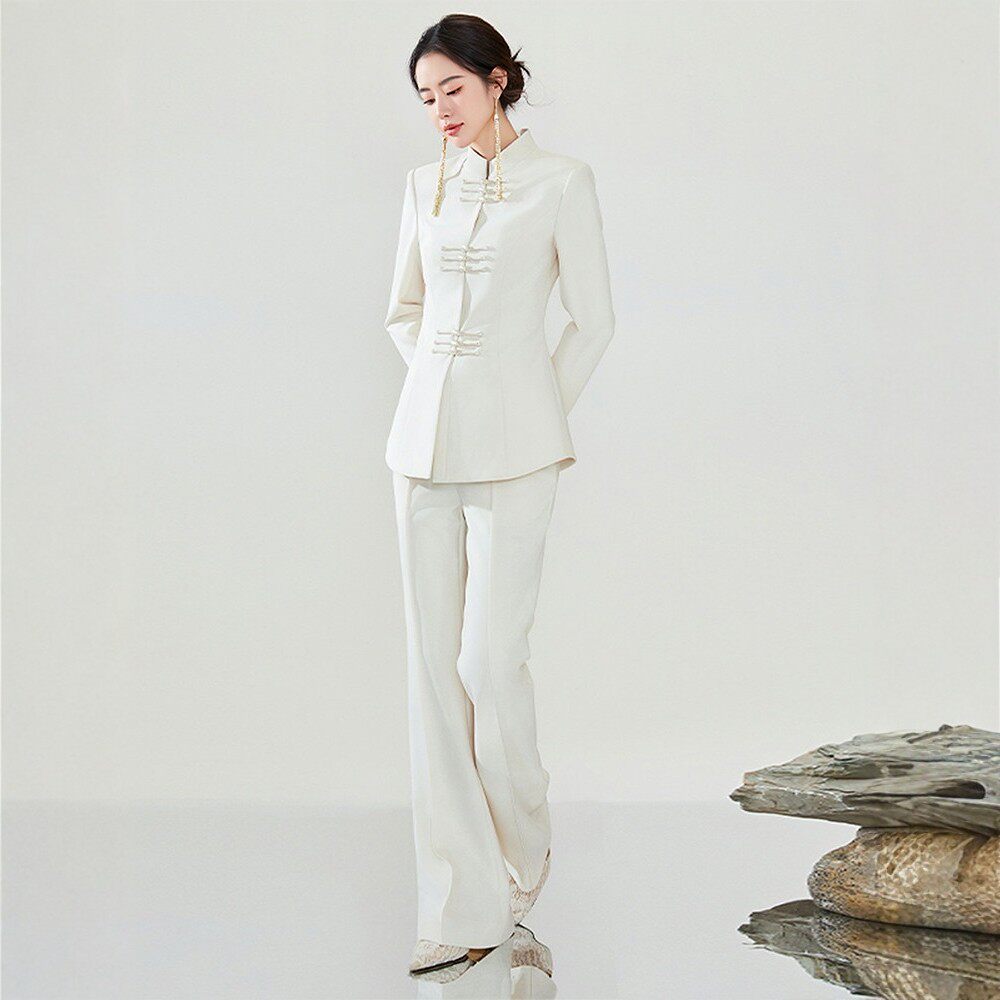 新中式女装中国风西装套装女盘扣上衣杏色职业西服两件套古韵礼服