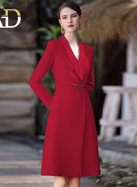 AD高端红色长袖主持人西装连衣裙女职业比赛演讲宴会庆典晚会礼服