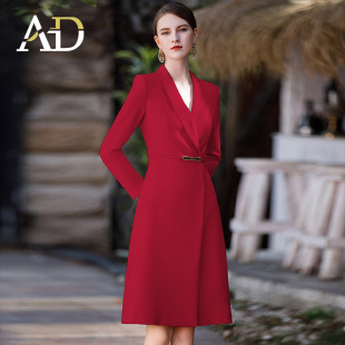 AD高端红色长袖主持人西装连衣裙女职业比赛演讲宴会庆典晚会礼服