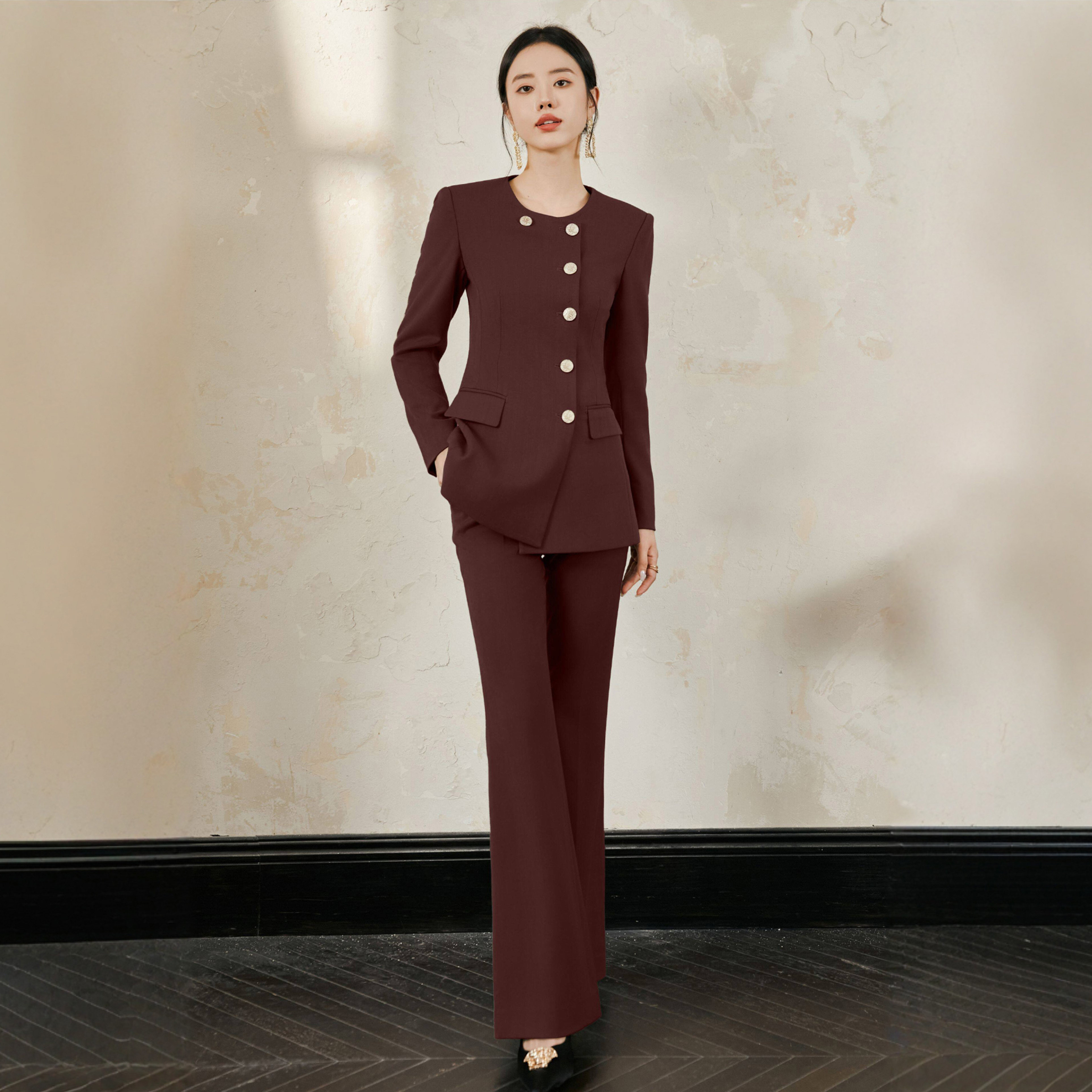 新年过年宴会礼服深红色时尚套装职业装女早春高级感羊毛西装外套