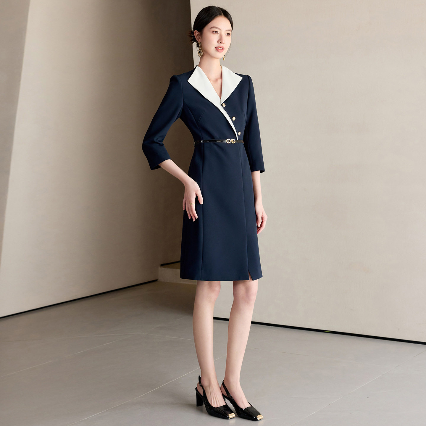 高端藏青色西装连衣裙正装工作服