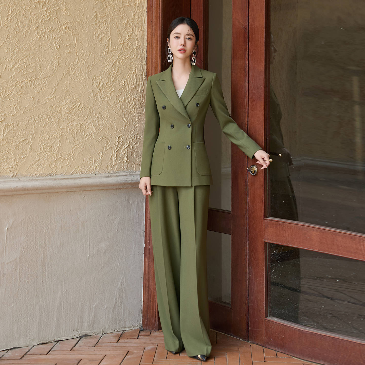 扶摇宴会礼服军绿色西装套装宽松