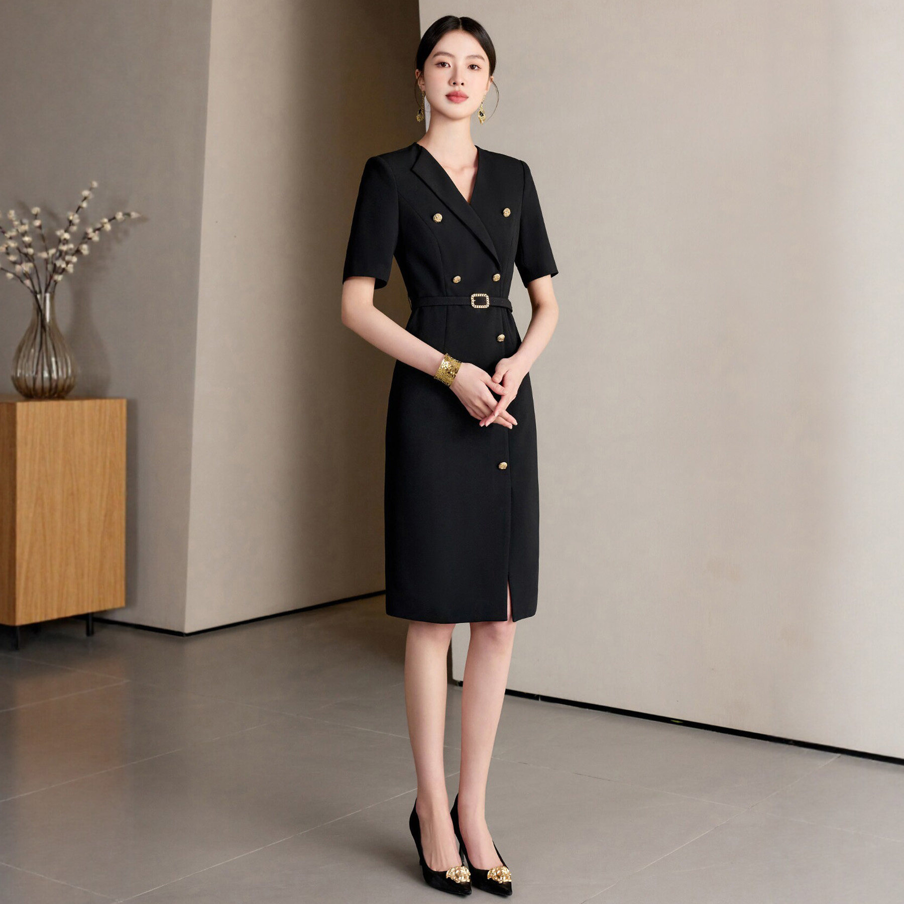 高端黑色西装连衣裙短袖工作服