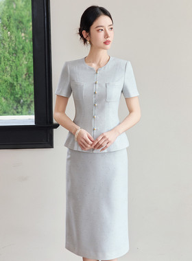 宴会礼服浅蓝色西装套装裙女夏季气质名媛轻熟小香风圆领时尚套装