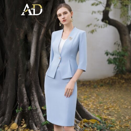 AD蓝色西装套装裙女一粒扣工作装
