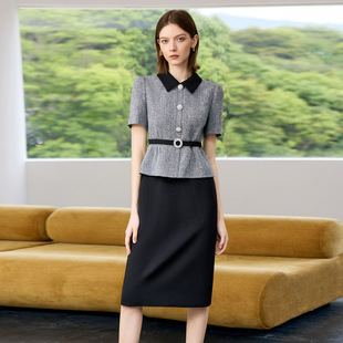 假两件女工作服 2025新款 高端小香风黑灰拼接轻奢夏季 连衣裙职业装