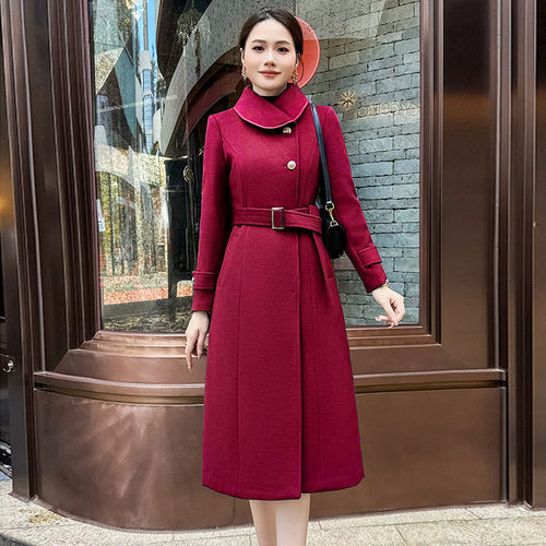 高端红色宴会礼服呢子外套中长款