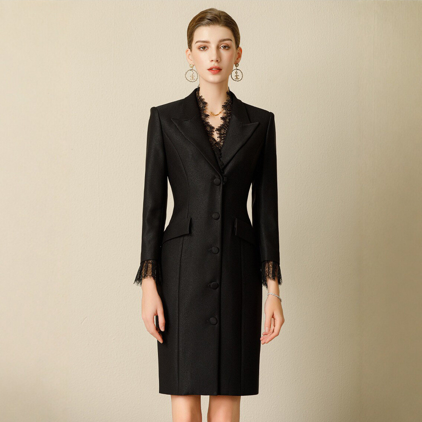 AS黑色西装连衣裙蕾丝拼接长袖艺考播音主持人职业女宴会礼服工装