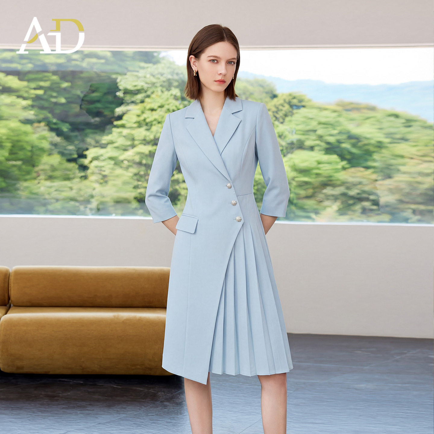 高级感浅蓝色西装连衣裙正装礼服