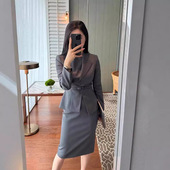 深灰色设计感客服售楼部珠宝店工服配腰带 裙气质套装 职业装 女正装