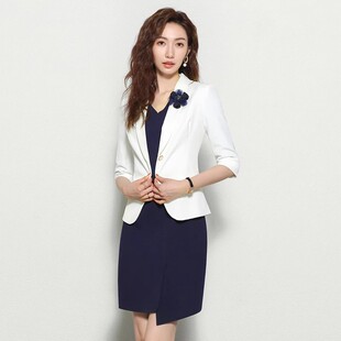 柒雁高端职业装气质时尚西装连衣裙套装女美容院工作服两件套白色